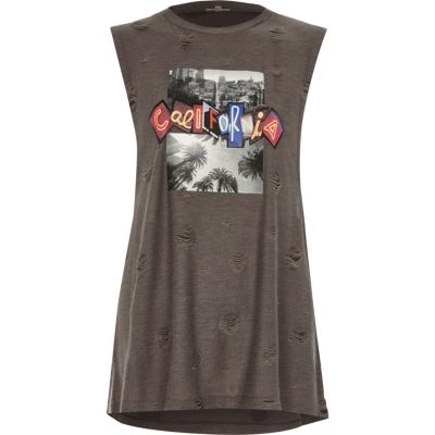 Grey California ripped sleeveless T-shirt